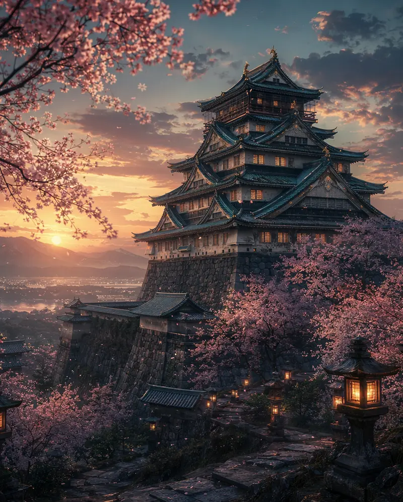 Japanische Burg bei Dämmerung mit Kirschblüten