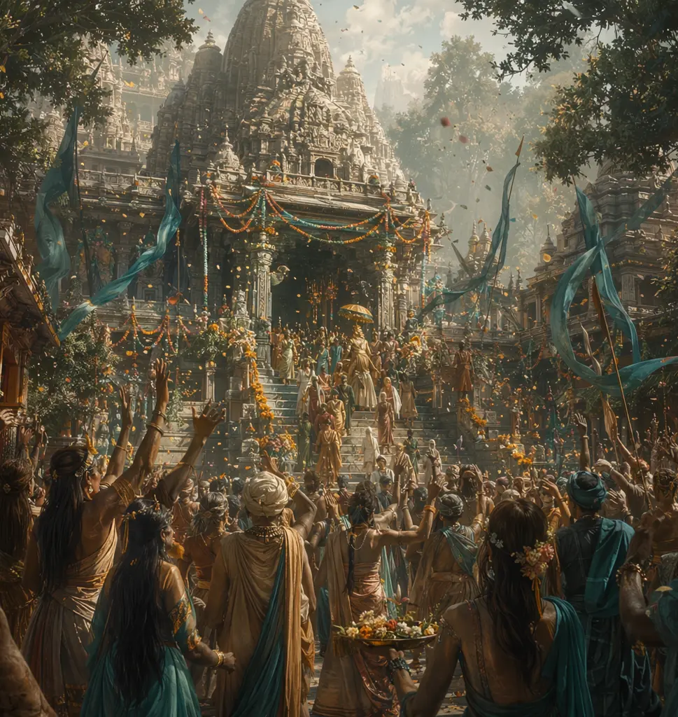 Feiernde Menge vor antikem Tempel